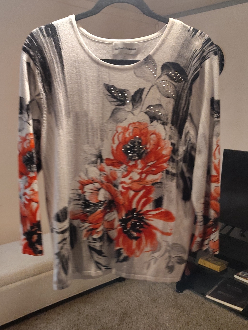 Alfred Dunner Cream Long Sleeve Top with Red Floral & Black Accents